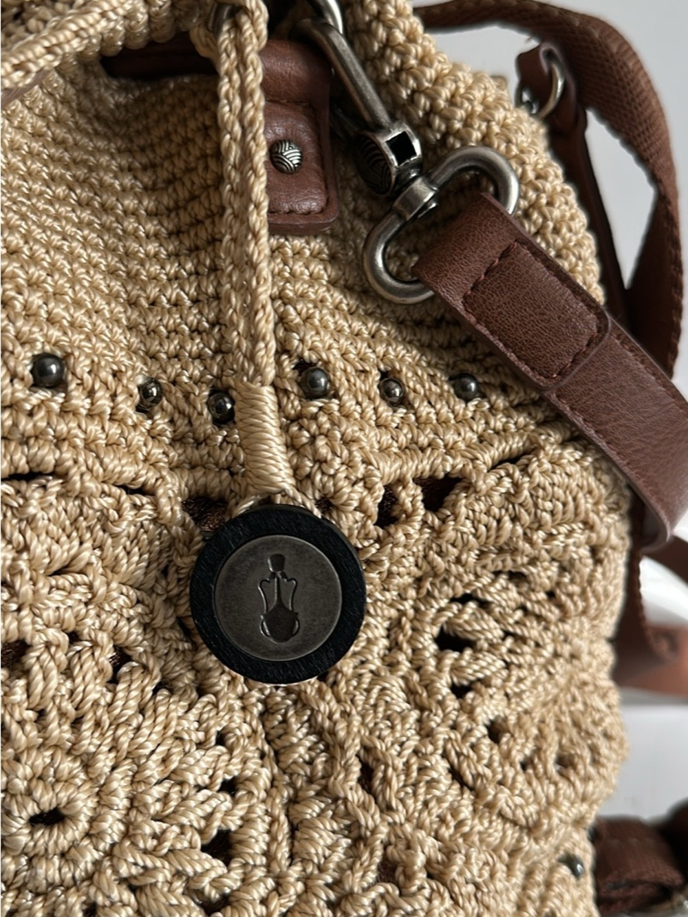 Handcrafted Sak Crochet Backpack - Beige with Brown Trim - Picture 6 of 9